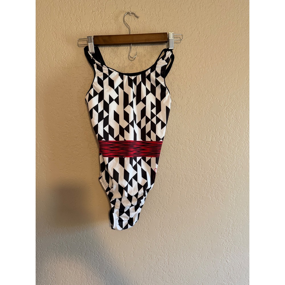 Simone GK Gymnastics Leotard Adult Small Black White Red Geometric Strappy Back